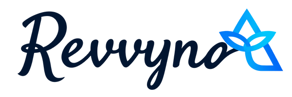 Revvyna handwritten logo with blue emblem